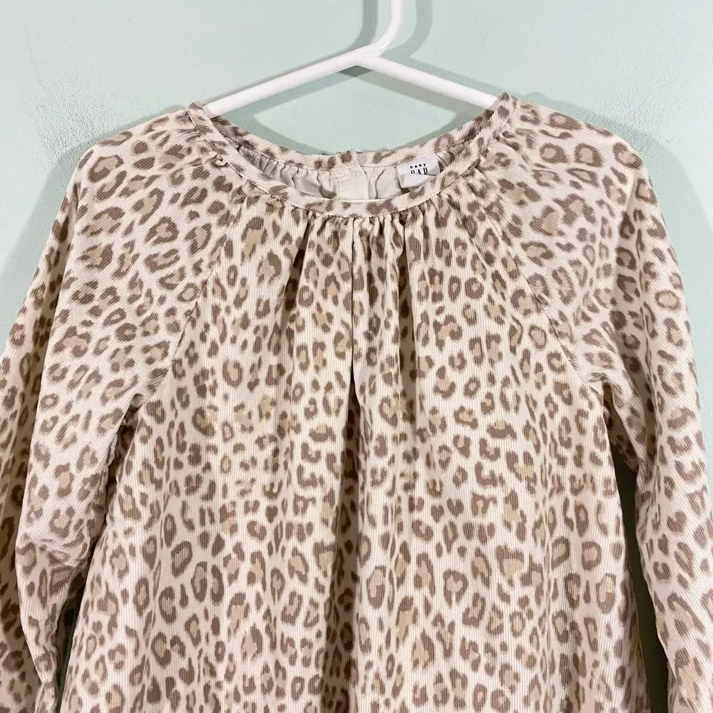 GAP Girl's White & Brown Leopard Corduroy Long Sleeve Dress Size 5YO